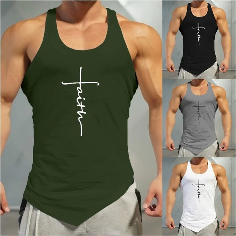 Gym Tank Top Men Letter Printing Faith Shirt Fitness Clothing Mens Summer Sports Casual Slim Graphic Tees Shirts Vest Tops